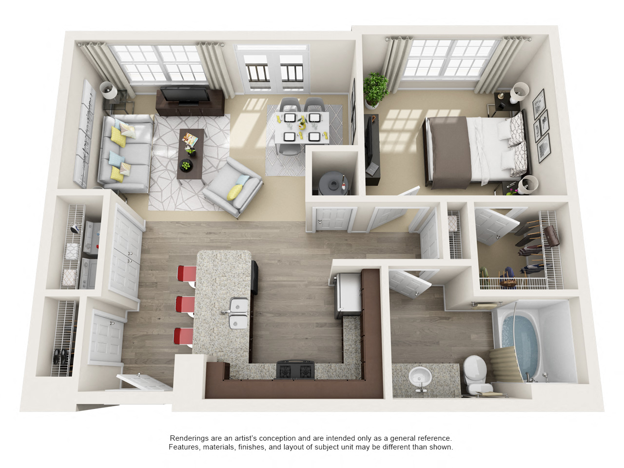 Floor plan for 1 bed, 1 bath, 722 sqft